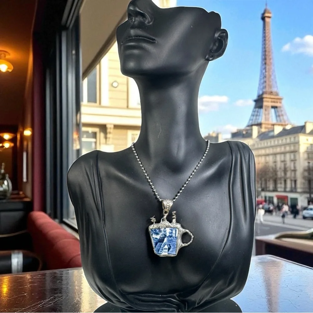 Churchill Blue Willow China Latte Pendant with Artisan Crafted Bezel